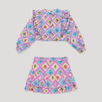 Girls' Postcard Print Shirt & Miniskirt Set in Lilac by Maison Mangostan