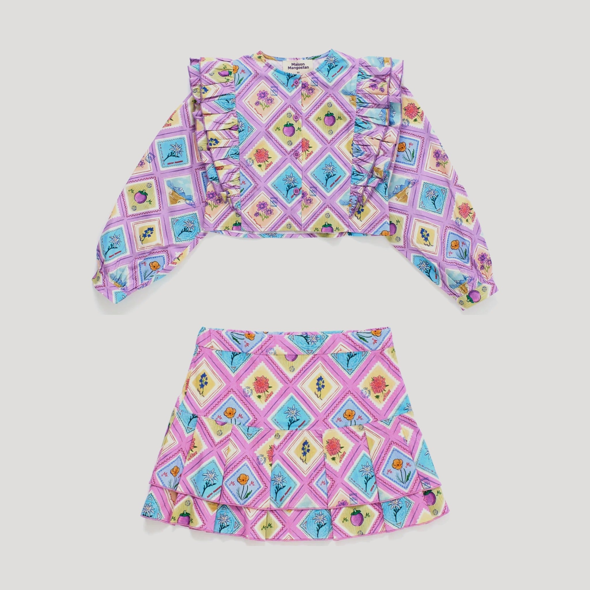 Girls' Postcard Print Shirt & Miniskirt Set in Lilac by Maison Mangostan