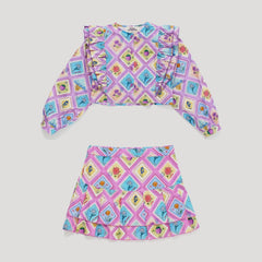 Girls' Postcard Print Shirt & Miniskirt Set in Lilac by Maison Mangostan