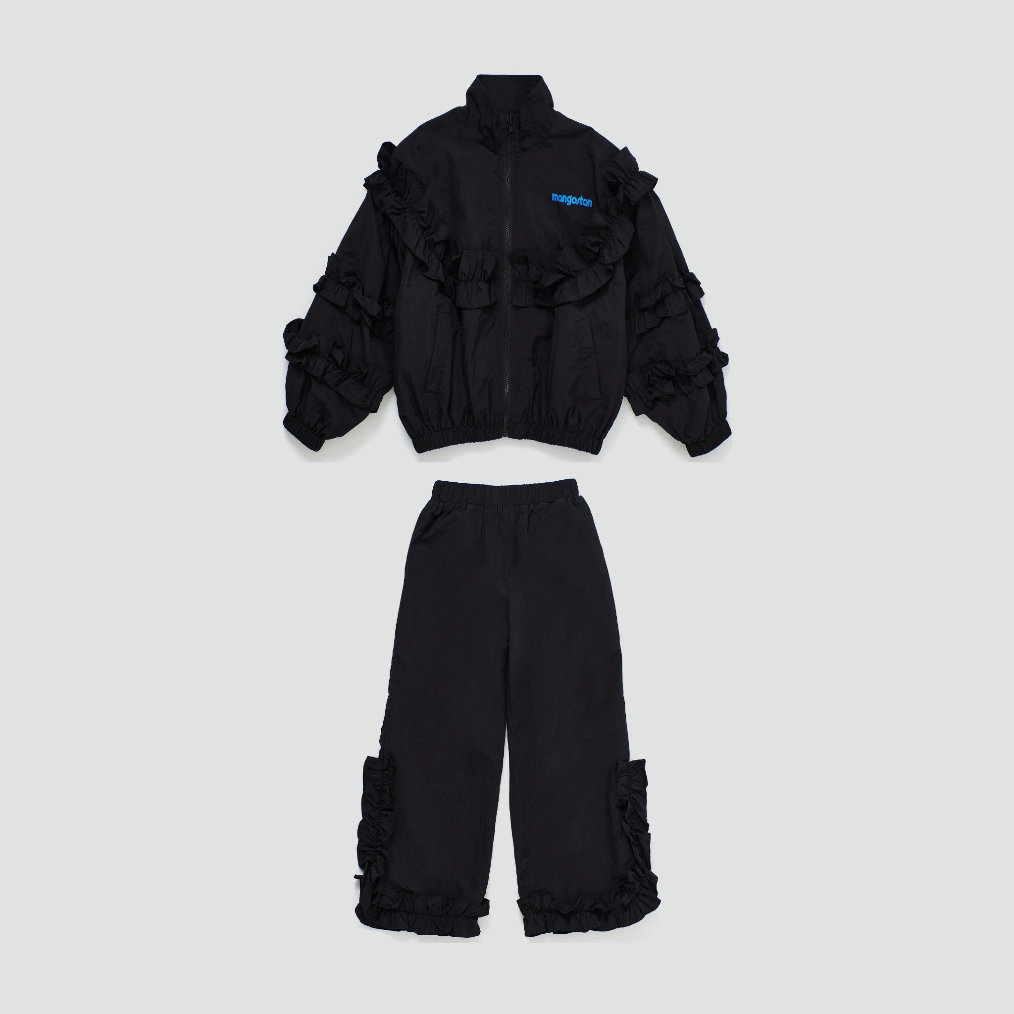 Girls' Ruffles Nylon Jacket & Trousers Set in Black by Maison Mangostan