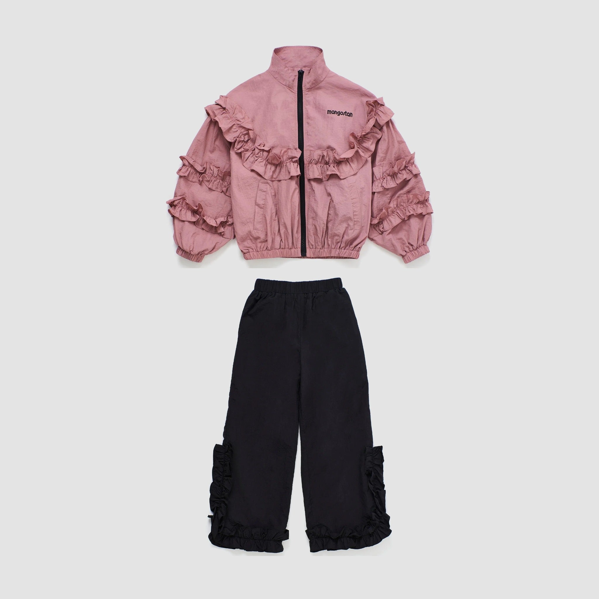 Girls' Ruffles Nylon Jacket & Trousers Set in Pink & Black by Maison Mangostan