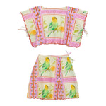 Girls' Birds Patchwork Bandana Top & Mini Wrap Skirt Set in Blush by Maison Mangostan