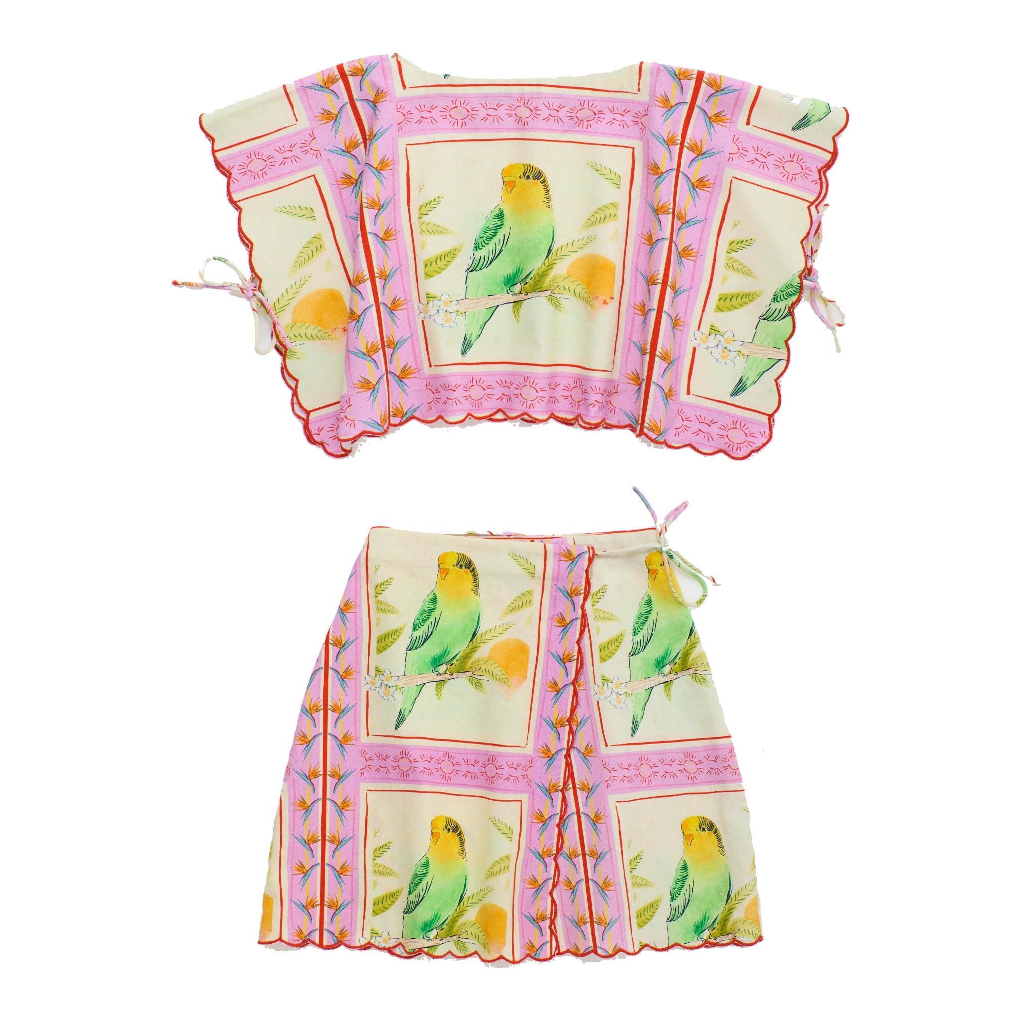 Girls' Birds Patchwork Bandana Top & Mini Wrap Skirt Set in Blush by Maison Mangostan