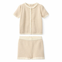 Girls' Cotton Gingham Cardigan & Knitted Shorts Set in Beige by Copenhagen Colors