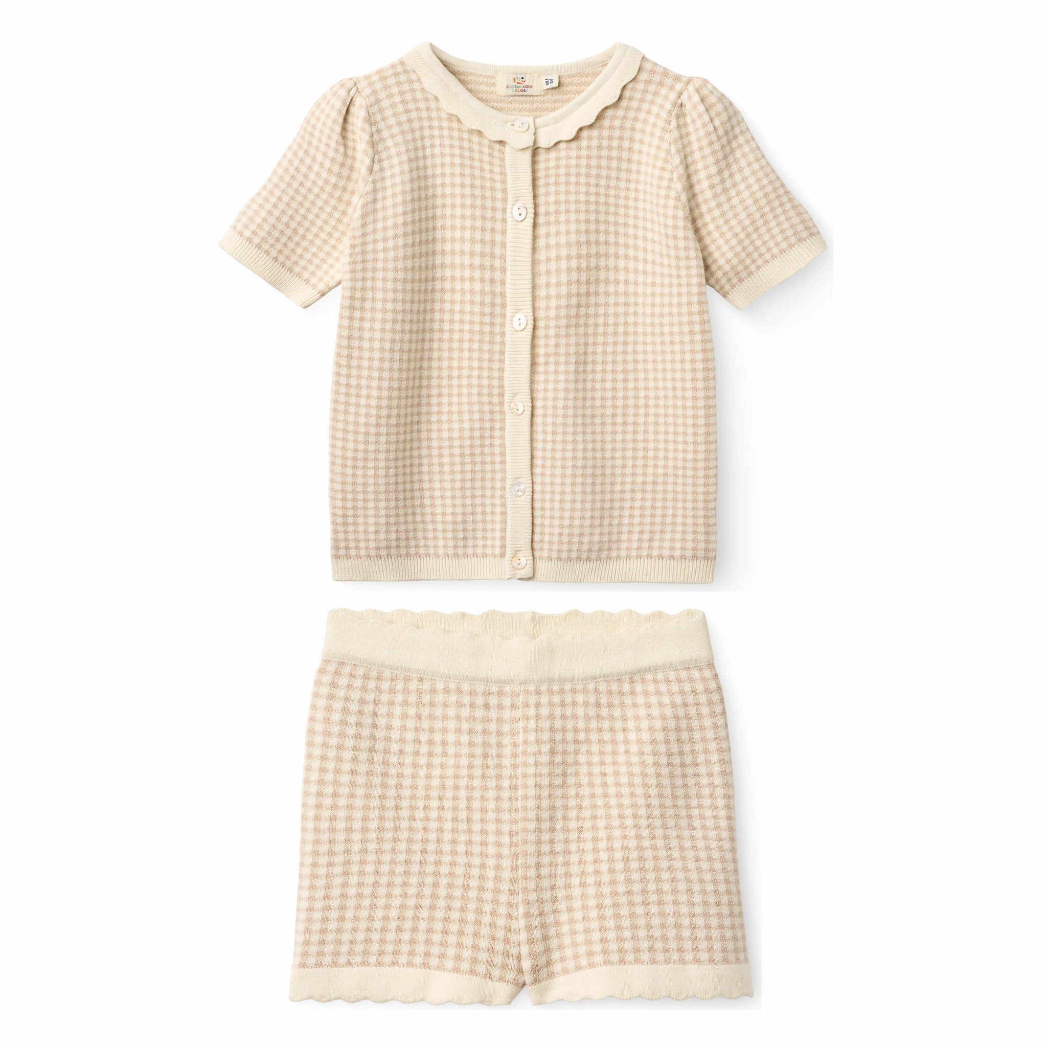 Girls' Cotton Gingham Cardigan & Knitted Shorts Set in Beige by Copenhagen Colors