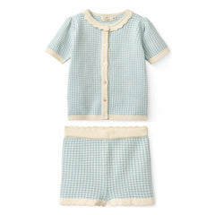 Girls' Cotton Gingham Cardigan & Knitted Shorts Set in Blue by Copenhagen Colors