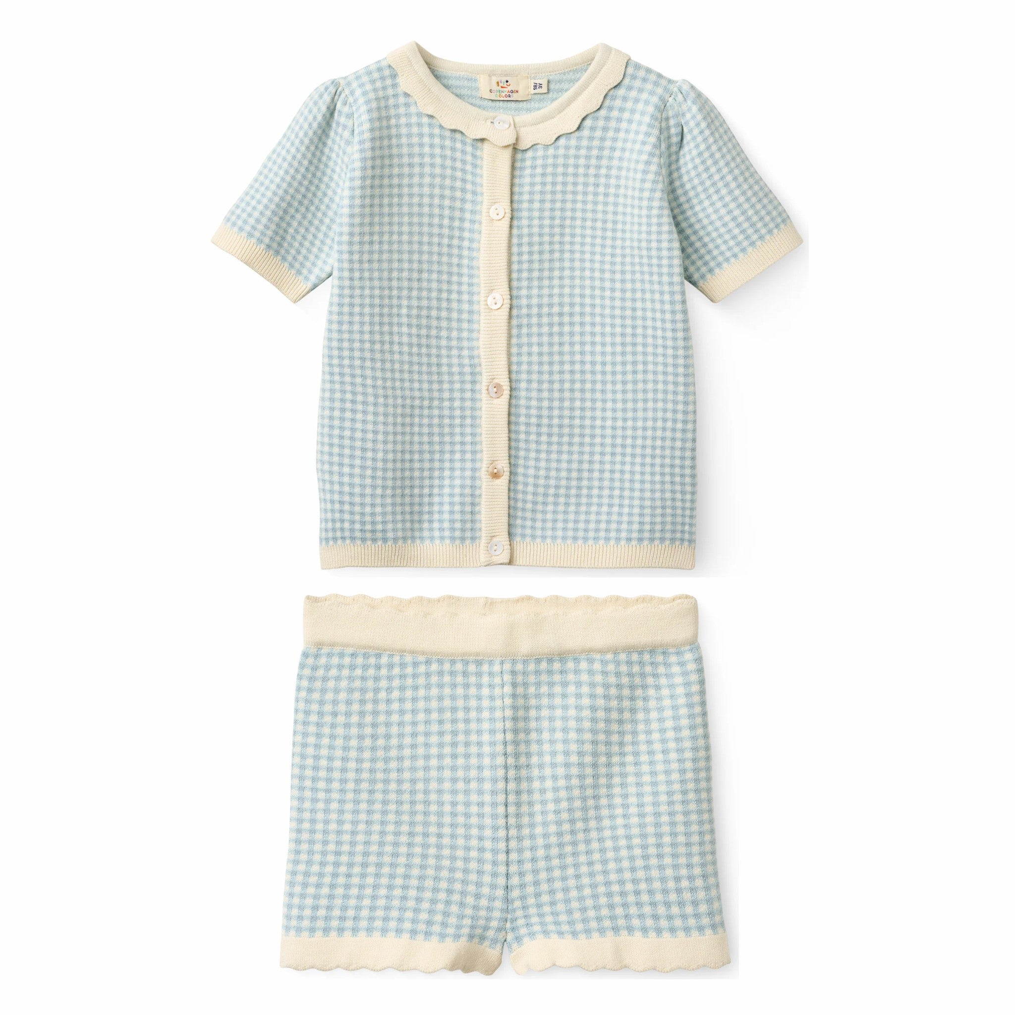 Girls' Cotton Gingham Cardigan & Knitted Shorts Set in Blue by Copenhagen Colors