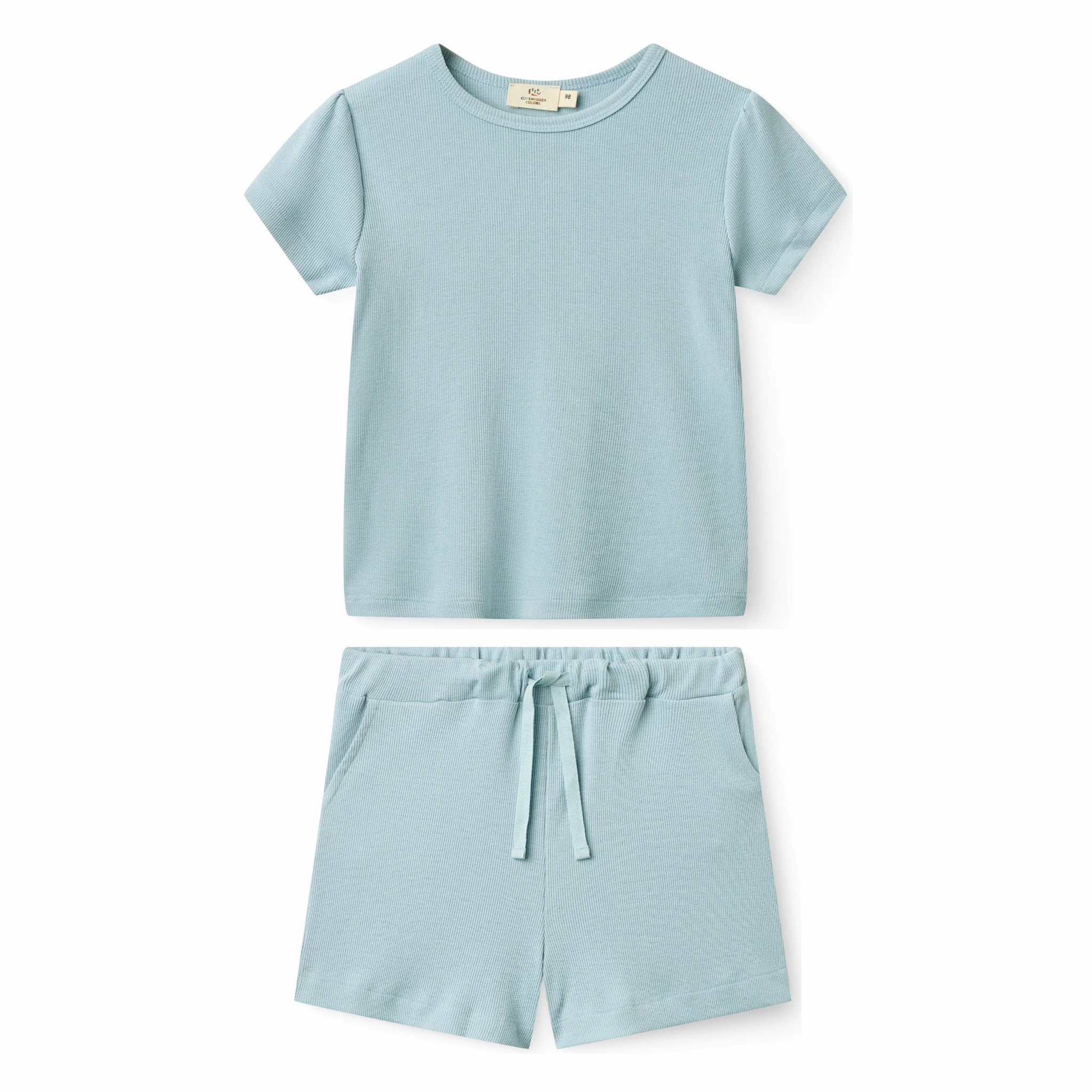 Girls' Modal Ribbed Ruffle-Sleeve T-Shirt & Shorts Set in Dusty Blue by Copenhagen Colors