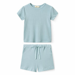 Girls' Modal Ribbed Ruffle-Sleeve T-Shirt & Shorts Set in Dusty Blue by Copenhagen Colors