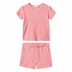 Girls' Modal Ribbed Ruffle-Sleeve T-Shirt & Shorts Set in Pink by Copenhagen Colors