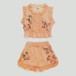 Girls' Birds Embroidered Ruffle Top & Shorts Set in Peach by Maison Mangostan