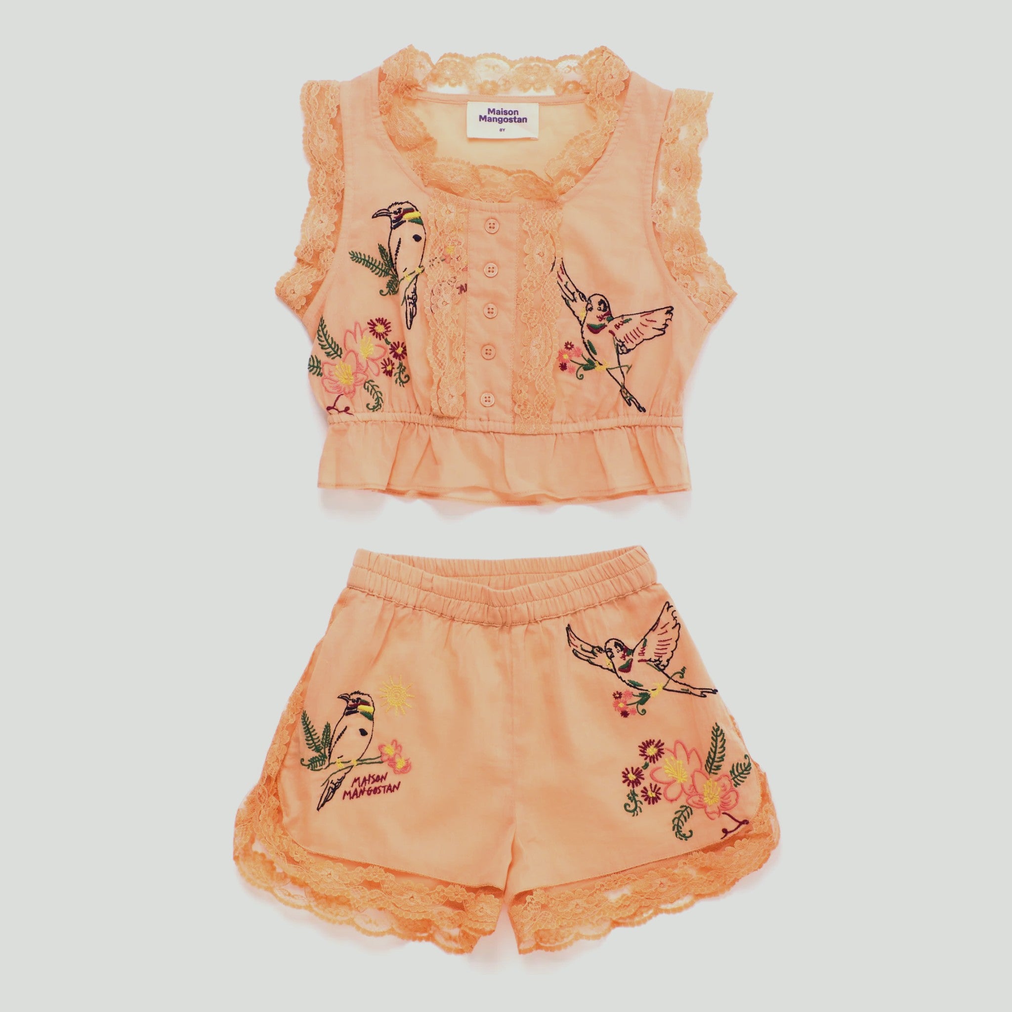 Girls' Birds Embroidered Ruffle Top & Shorts Set in Peach by Maison Mangostan