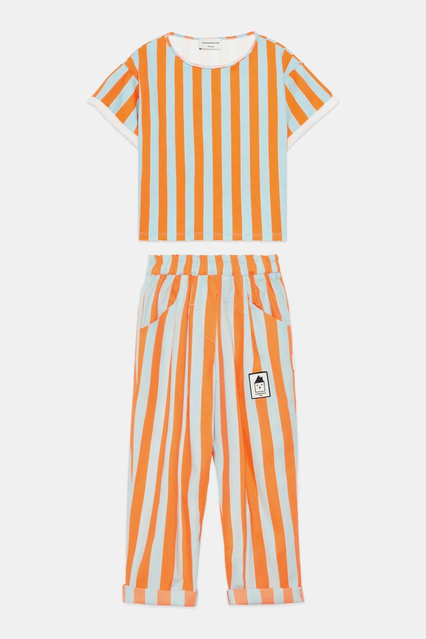 Kids' Organic Cotton Striped T-Shirt & Carrot Trousers Set in Orange by Weekend House Kids