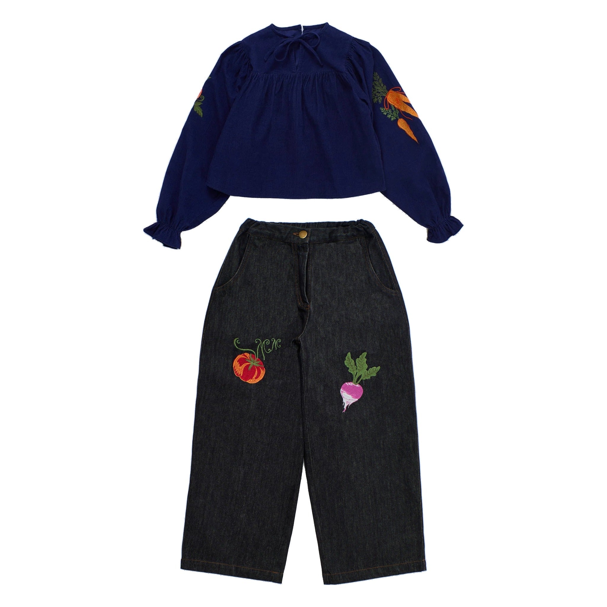 Girls' Vegetables Microcorduroy Top & Denim Trousers Set in Blue by Maison Mangostan