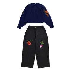 Girls' Vegetables Microcorduroy Top & Denim Trousers Set in Blue by Maison Mangostan