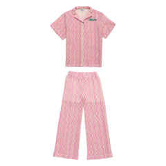 Girls' Wavy Print Mesh Shirt & Knit Trousers Set in Pink by Maison Mangostan