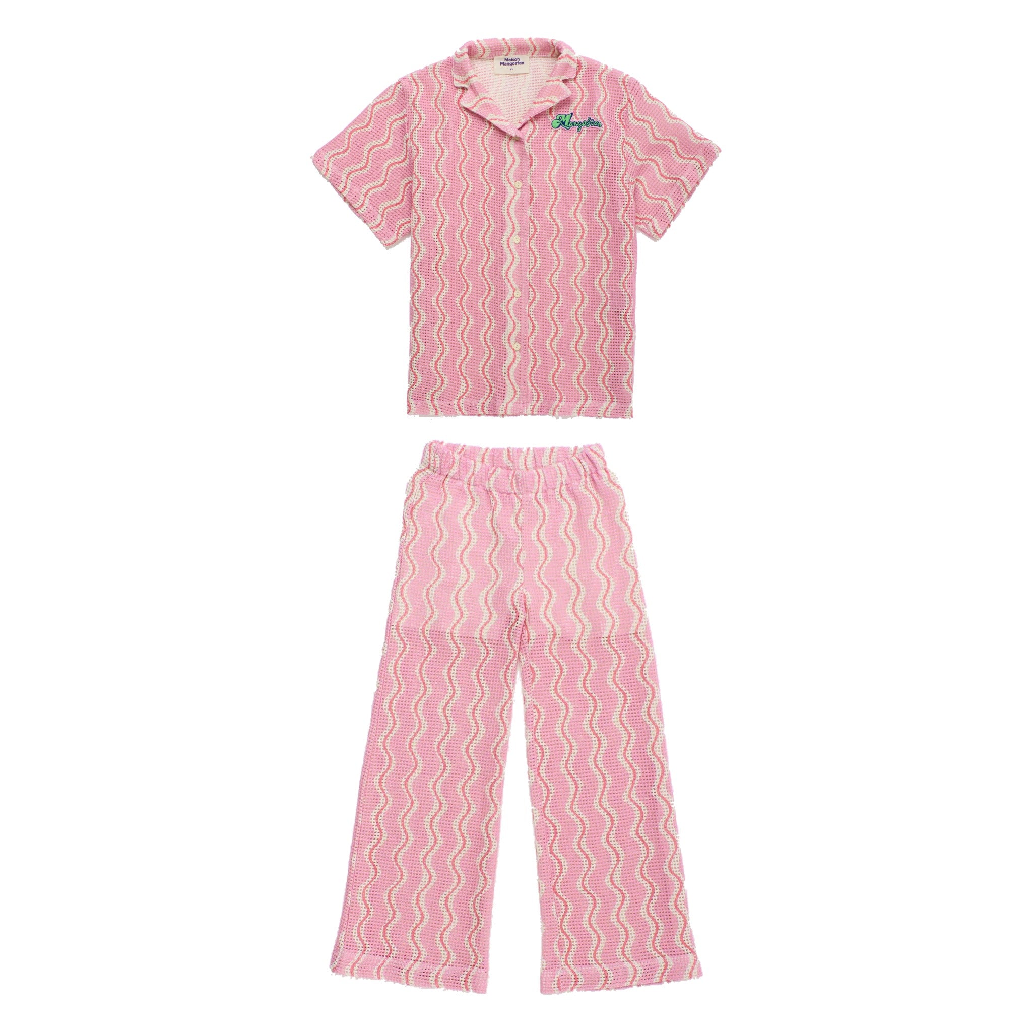 Girls' Wavy Print Mesh Shirt & Knit Trousers Set in Pink by Maison Mangostan