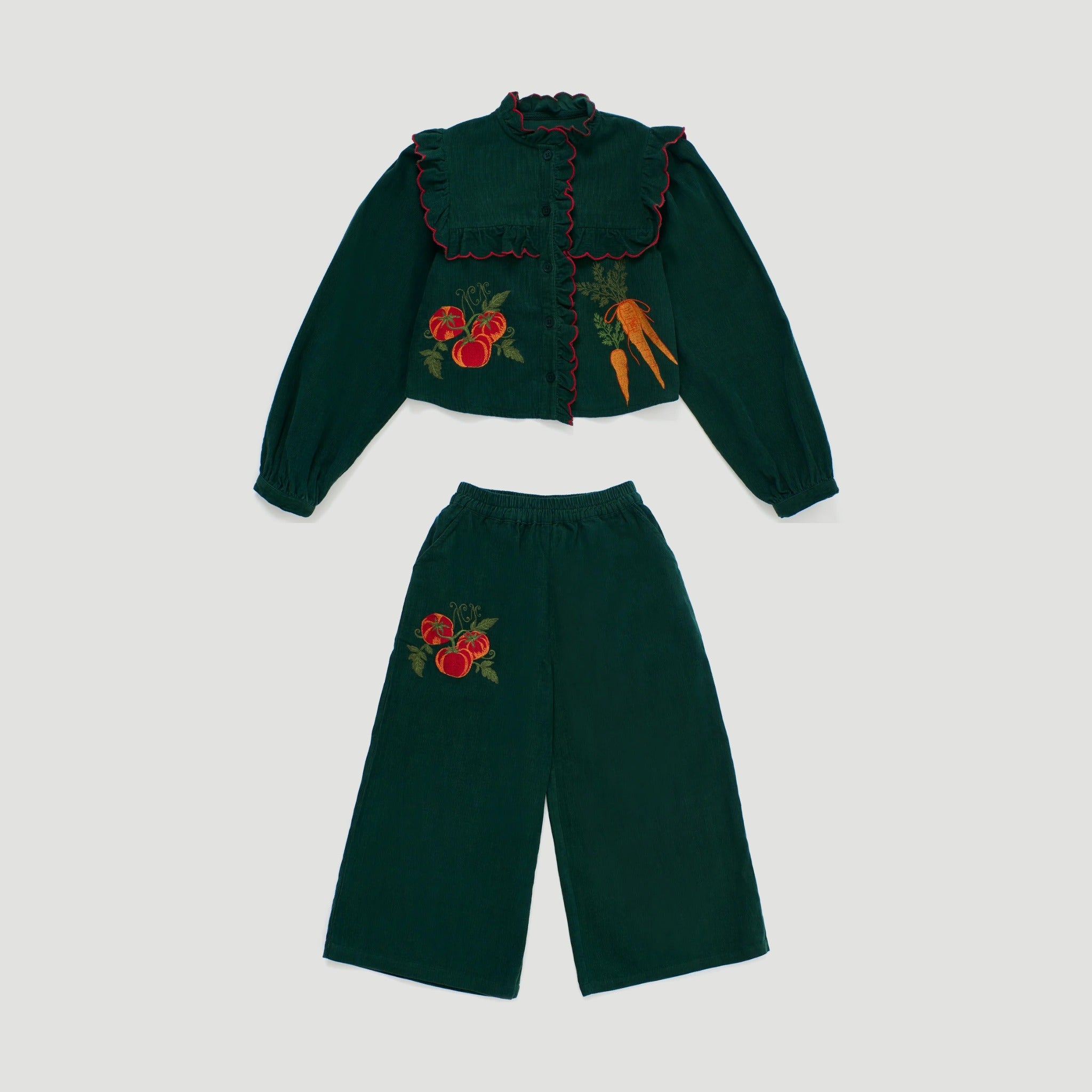 Girls' Vegetables Microcorduroy Embroidered Shirt & Trousers Set in Green by Maison Mangostan