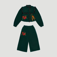 Girls' Vegetables Microcorduroy Embroidered Shirt & Trousers Set in Green by Maison Mangostan